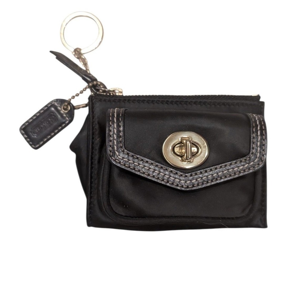Coach Black Nylon Leather Turnlock Mini Skinny ID Case Coin Purse Key Ring